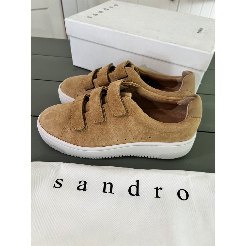 New in Box SANDRO Paris Women's Sneakers Suede Leather Mocha Cream Size 39 - Picture 6 of 14